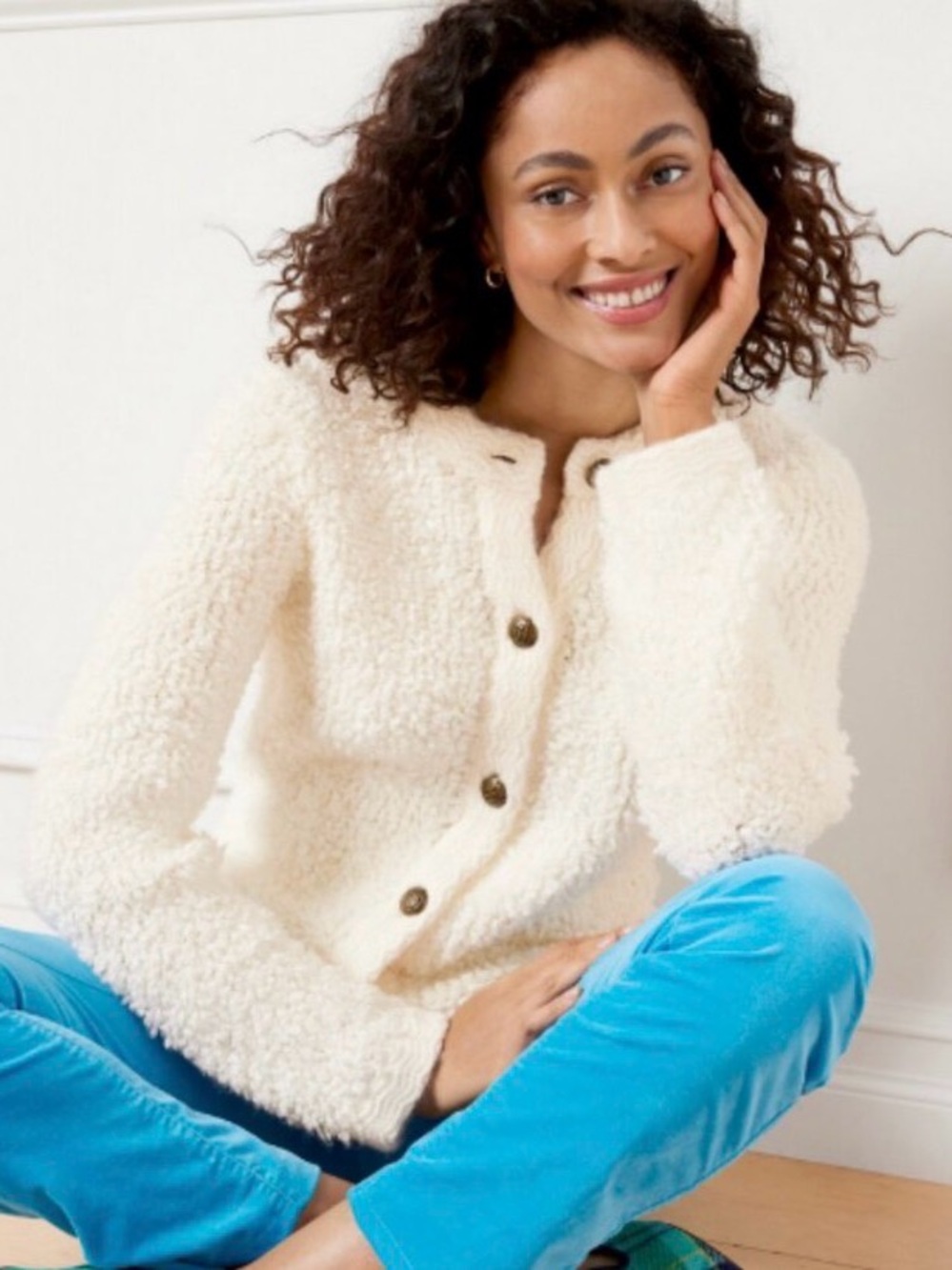 NWT TALBOTS Textured Bouclé Coatigan Sweater Wool Blend Ivory Cream Size PM